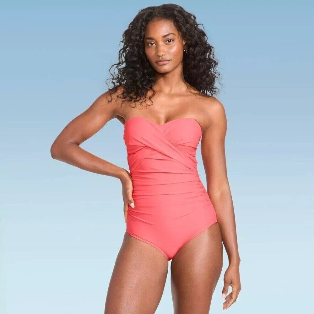 Lands' End Small 6-8 Coral Orange Strapless Bandeau Front Wrap 1 Pc Swimsuit